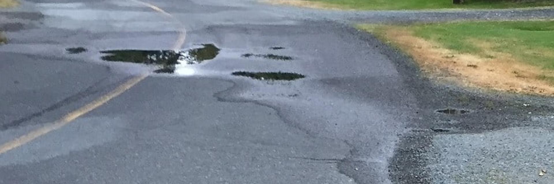 A cluster of puddles in the middle of a road.